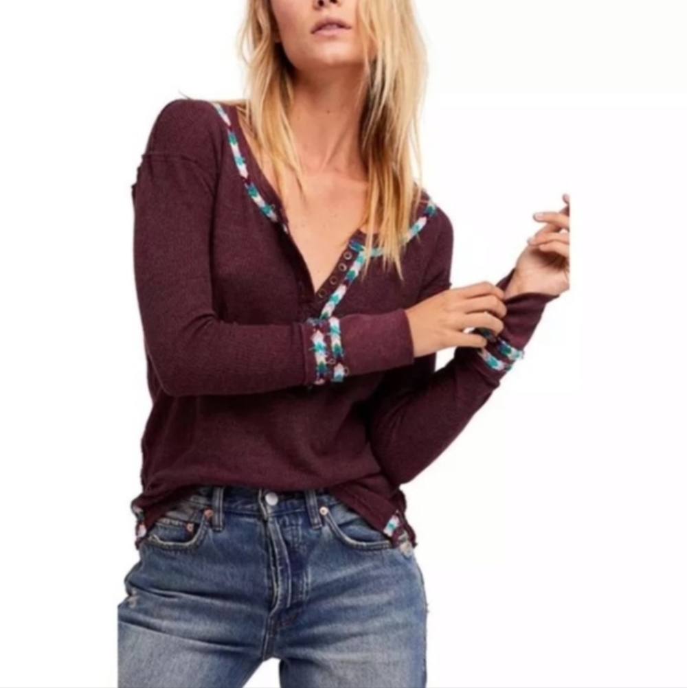 Free People We The Free 'Rainbow Trim' Thermal Henley Top In Plum Burgundy XS